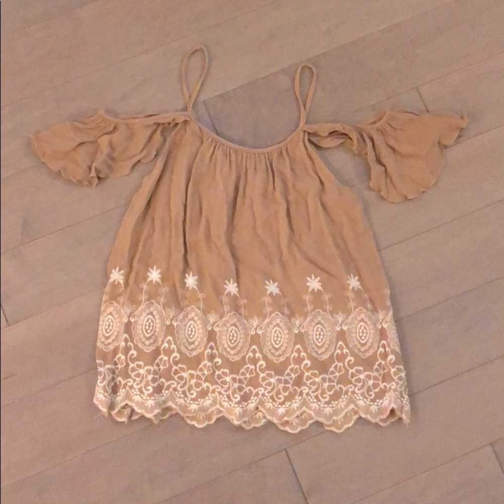 Pink lemonade taupe embroidered cold shoulder tank
